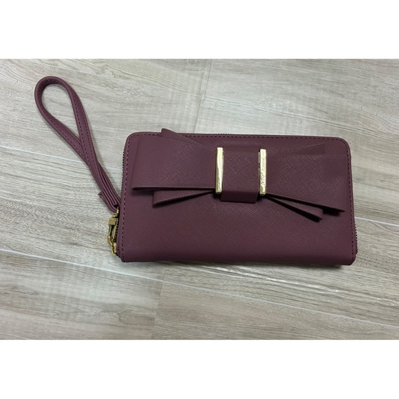 Betsey Johnson Handbags - Betsey Johnson Bow Zip Around Wristlet Wallet Mauve Plum Saffiano Faux Leather